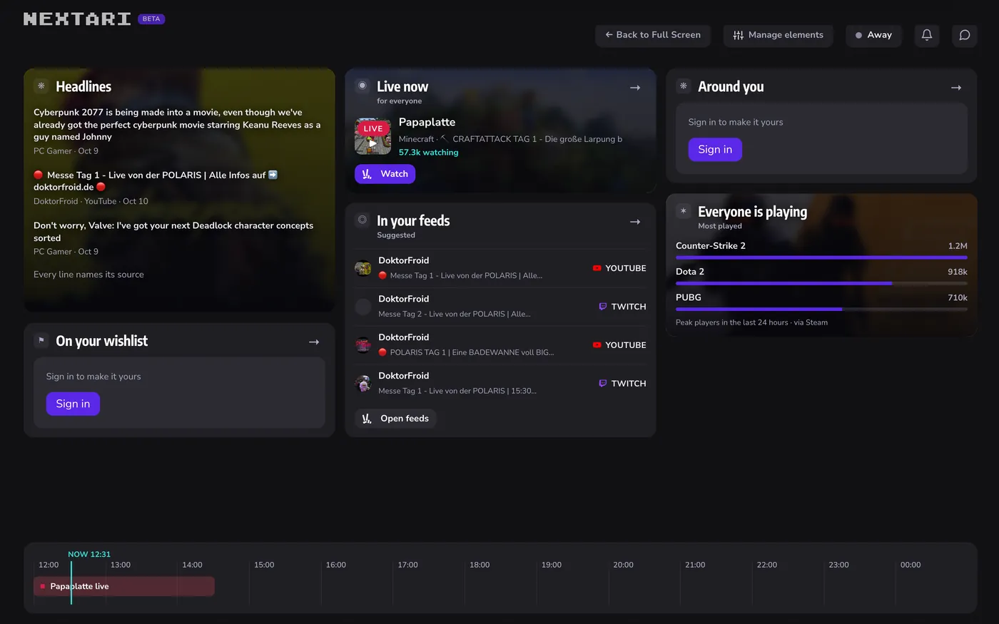 The Second Screen view of NEXTARI with headlines, who is live, your feeds and the most played games