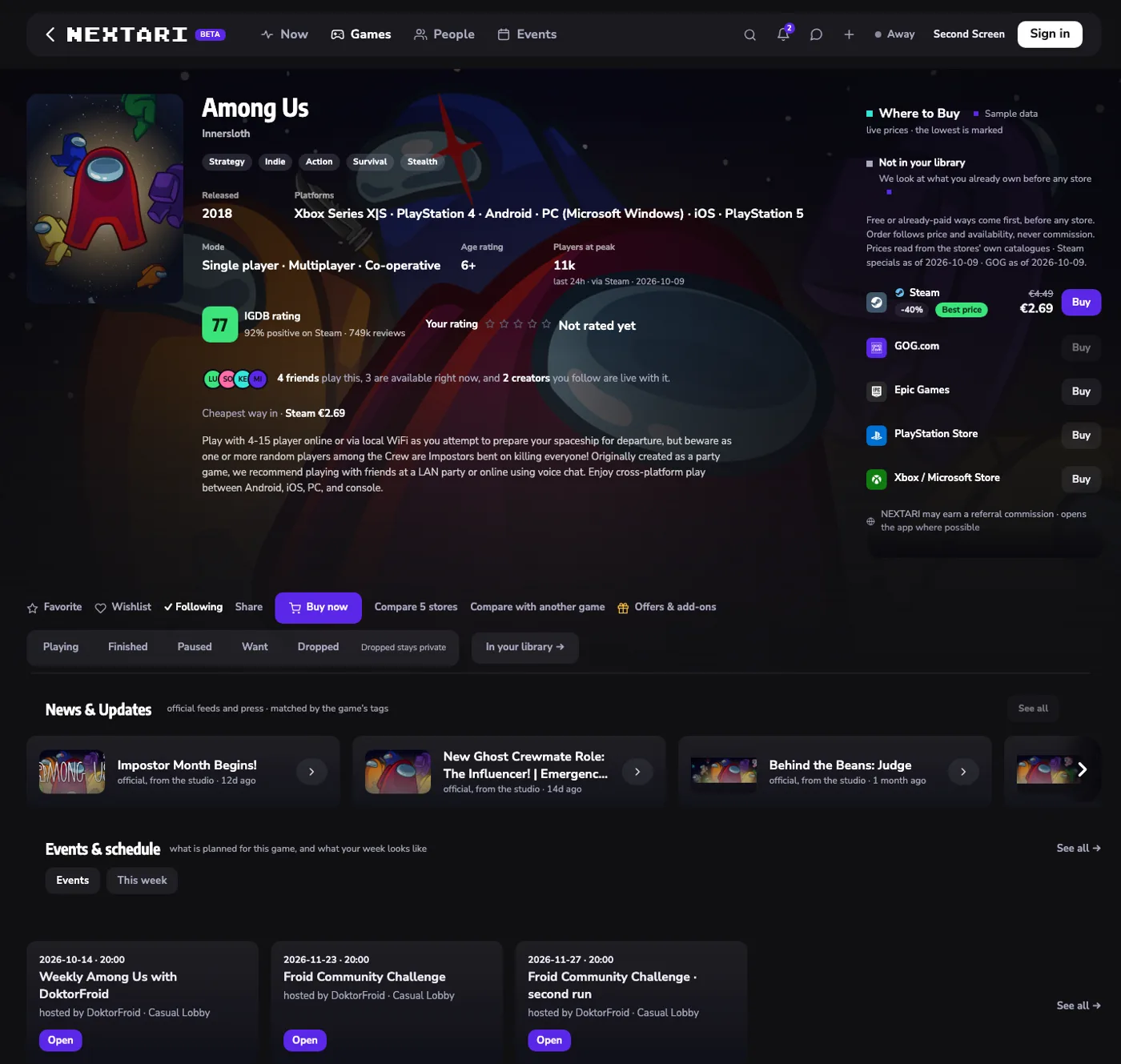 The Among Us game page on NEXTARI with shops, news from the studio and community events